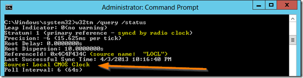 Administrator: Command Prompt window showing source as Local CMOS Clock