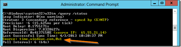 Administrator: command prompt window showing source as time.windows.com,0x1