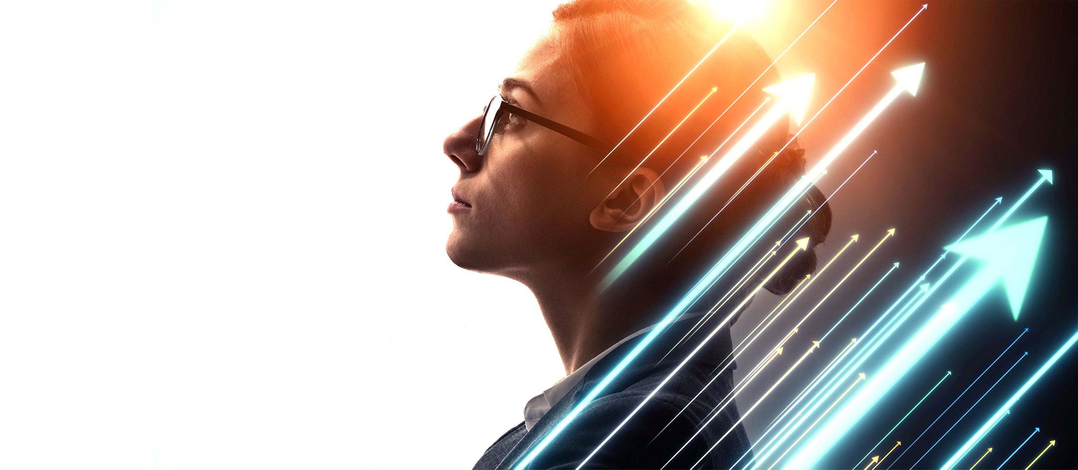 A profile of a professional looking woman looking up with arrow shaped light beams across her profile shooting upwards.