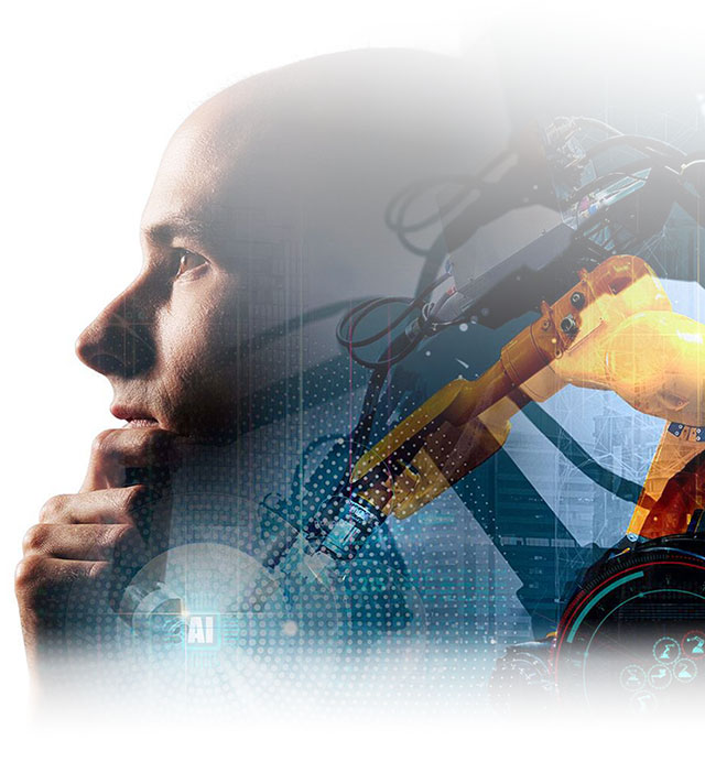 Man Thinking with an image of a robotic arm
